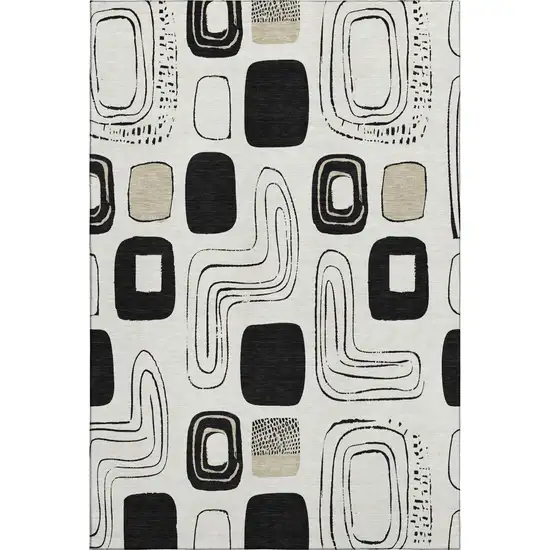 Ivory Black And Beige Geometric Washable Area Rug With UV Protection Photo 1