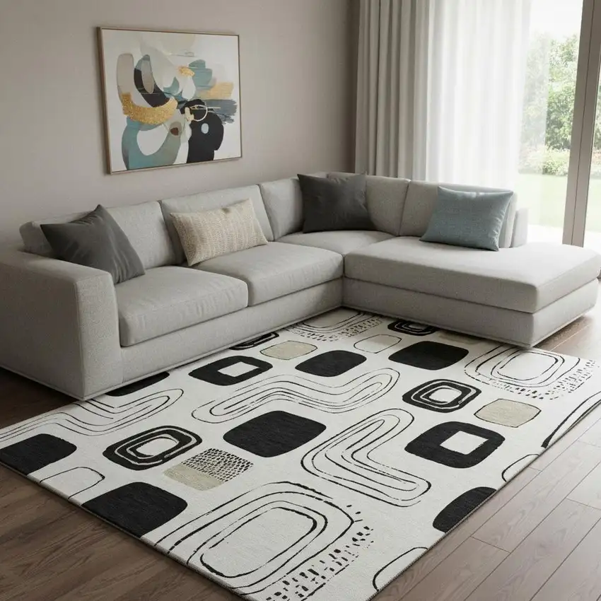 Ivory Black And Beige Geometric Washable Area Rug With UV Protection Photo 2