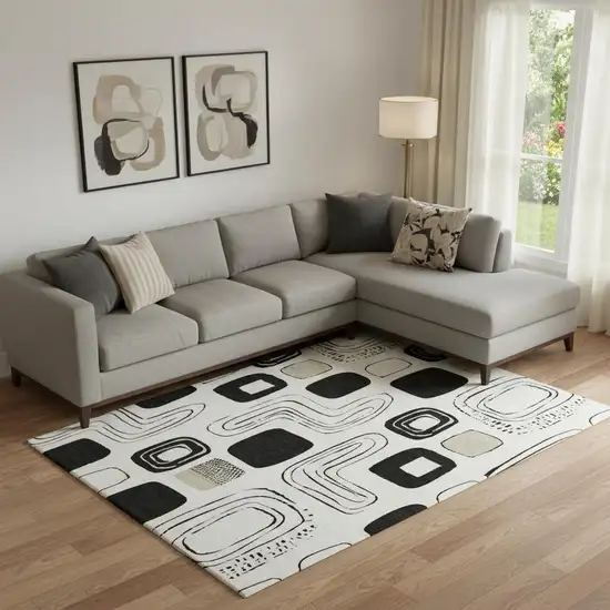 Ivory Black And Beige Geometric Washable Area Rug With UV Protection Photo 2