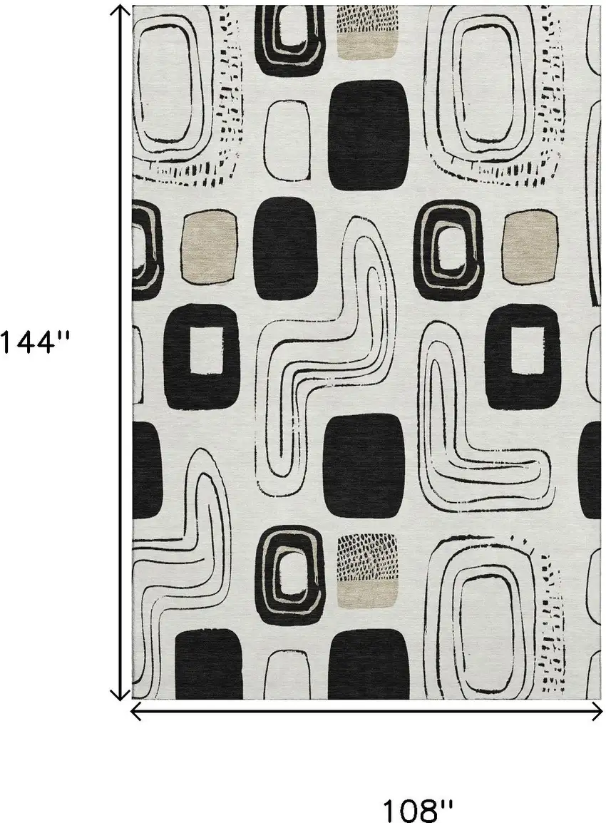 Ivory Black And Beige Geometric Washable Area Rug With UV Protection Photo 8