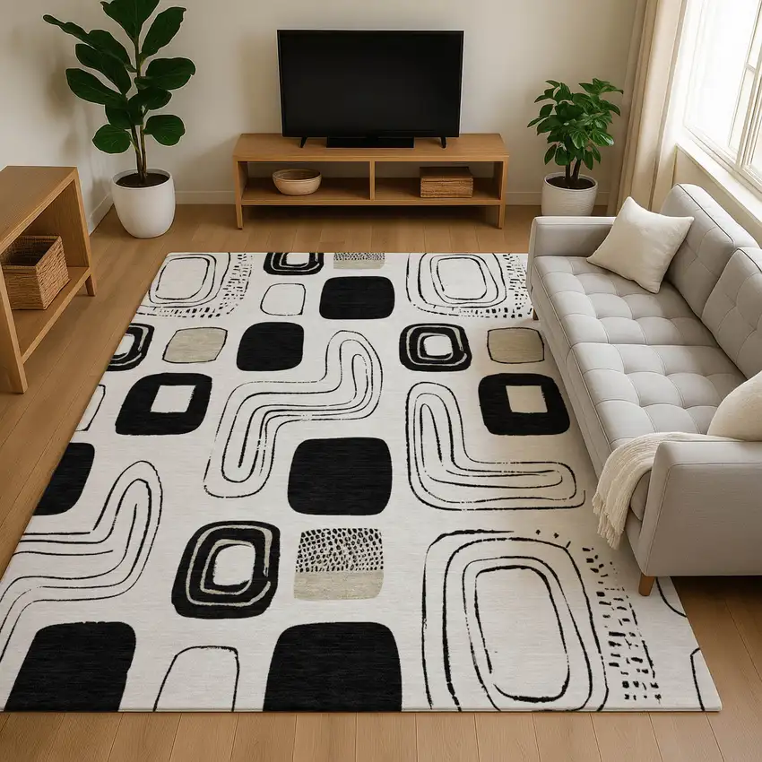 Ivory Black And Beige Geometric Washable Area Rug With UV Protection Photo 4