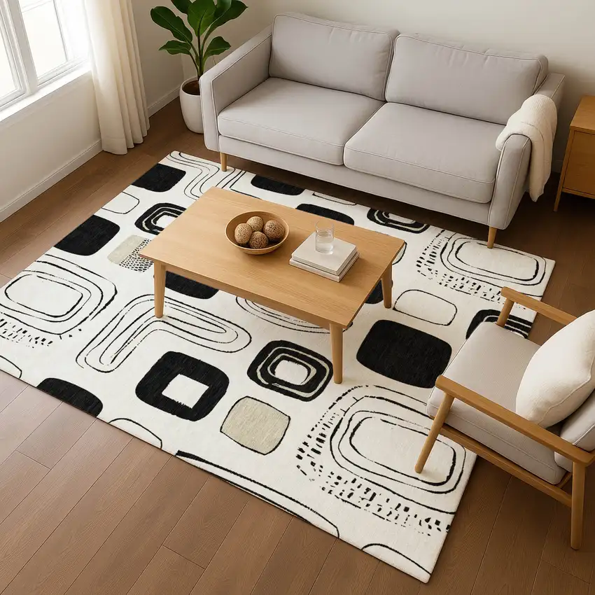 Ivory Black And Beige Geometric Washable Area Rug With UV Protection Photo 5