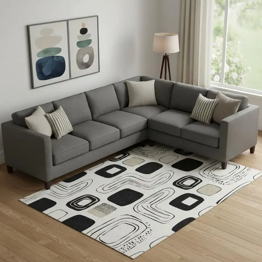 Ivory Black And Beige Geometric Washable Area Rug With UV Protection Photo 2