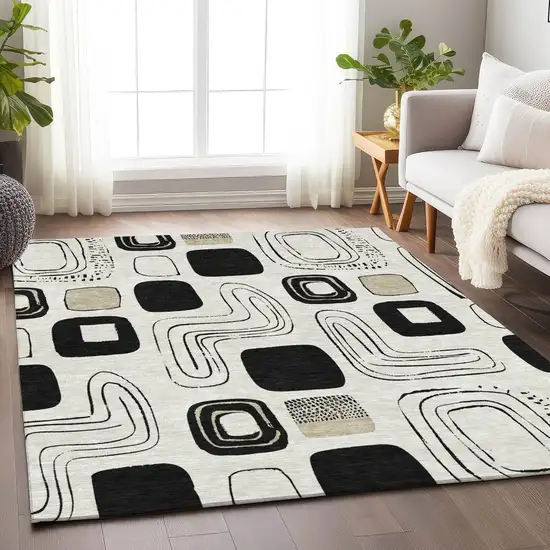 Ivory Black And Beige Geometric Washable Indoor Outdoor Area Rug Photo 9