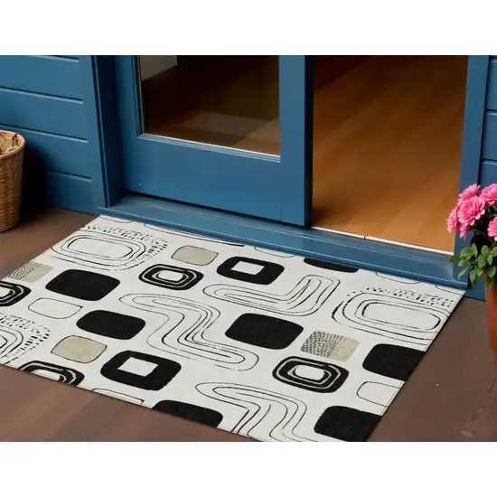 Ivory Black And Beige Geometric Washable Indoor Outdoor Area Rug Photo 2