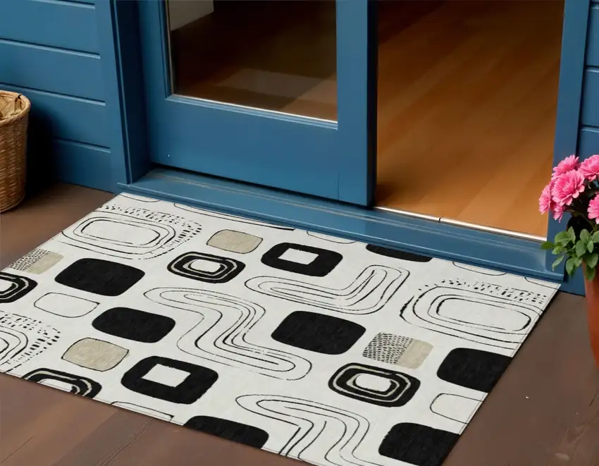 Ivory Black And Beige Geometric Washable Indoor Outdoor Area Rug Photo 2