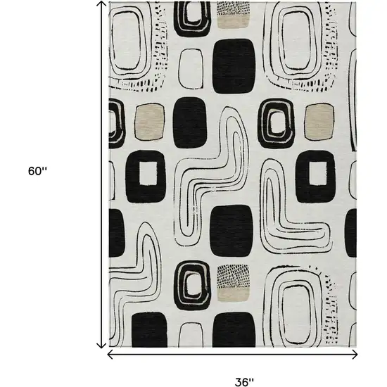 Ivory Black And Beige Geometric Washable Indoor Outdoor Area Rug Photo 5
