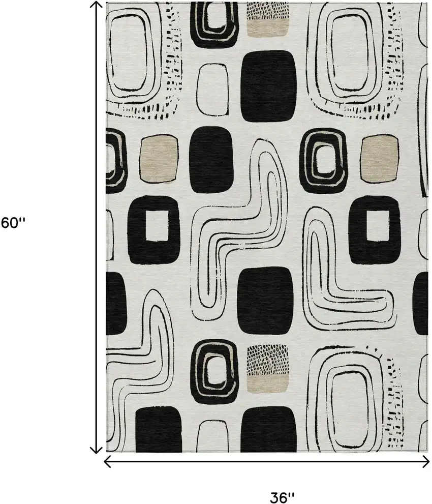 Ivory Black And Beige Geometric Washable Indoor Outdoor Area Rug Photo 5