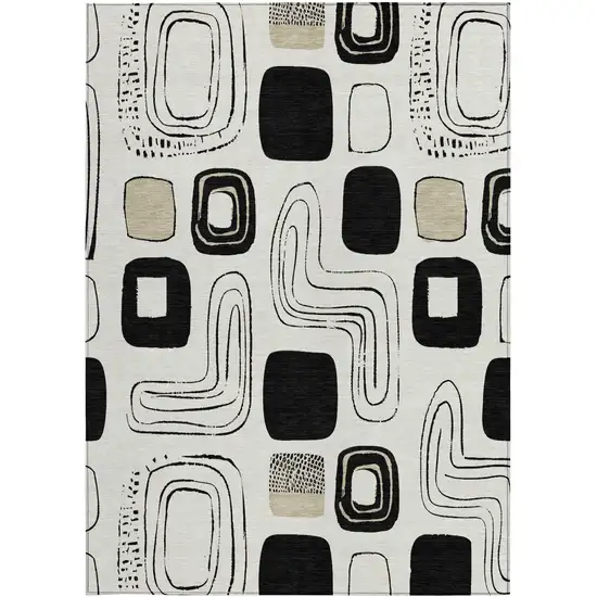Ivory Black And Beige Geometric Washable Indoor Outdoor Area Rug Photo 3