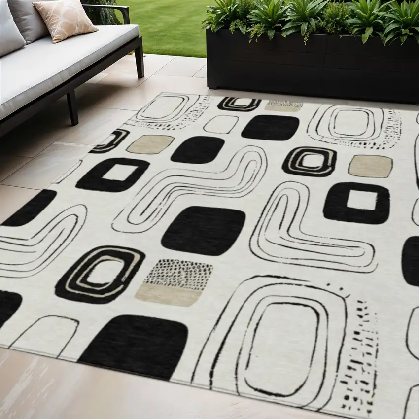 Ivory Black And Beige Geometric Washable Indoor Outdoor Area Rug Photo 2