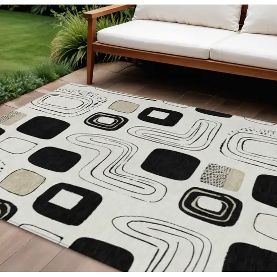 Ivory Black And Beige Geometric Washable Indoor Outdoor Area Rug Photo 2