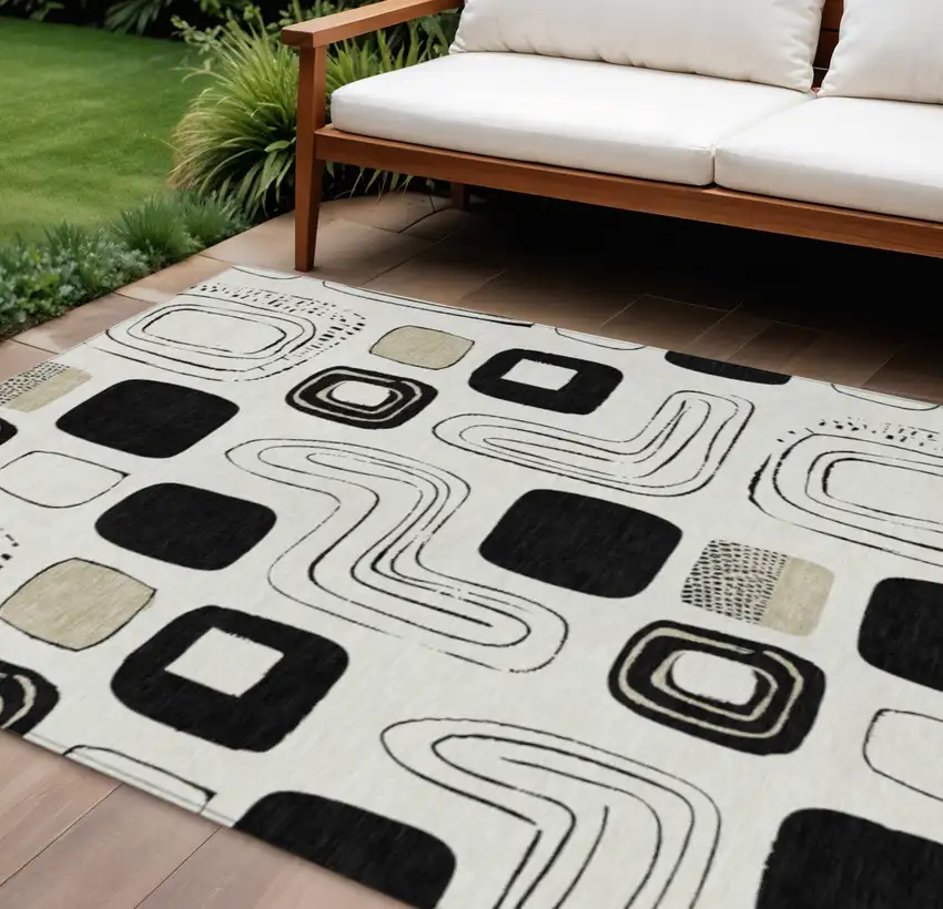 Ivory Black And Beige Geometric Washable Indoor Outdoor Area Rug Photo 2