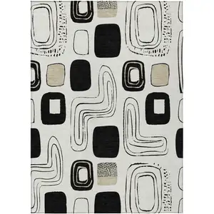 Photo of Ivory Black And Beige Geometric Washable Indoor Outdoor Area Rug