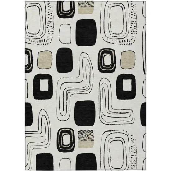 Ivory Black And Beige Geometric Washable Indoor Outdoor Area Rug Photo 1