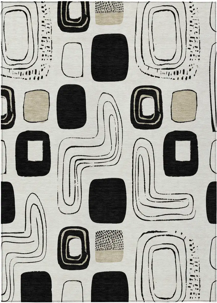 Ivory Black And Beige Geometric Washable Indoor Outdoor Area Rug Photo 1