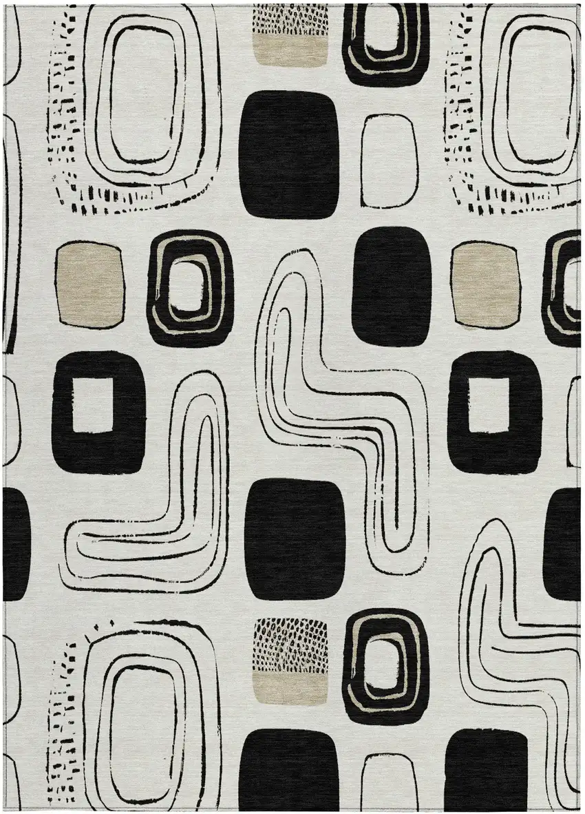 Ivory Black And Beige Geometric Washable Indoor Outdoor Area Rug Photo 3