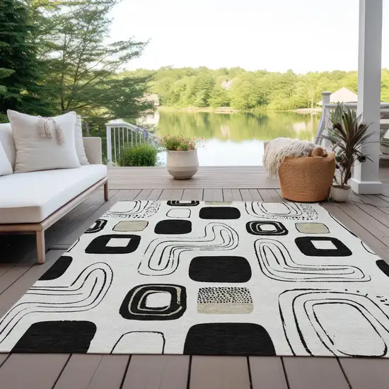Ivory Black And Beige Geometric Washable Indoor Outdoor Area Rug Photo 5