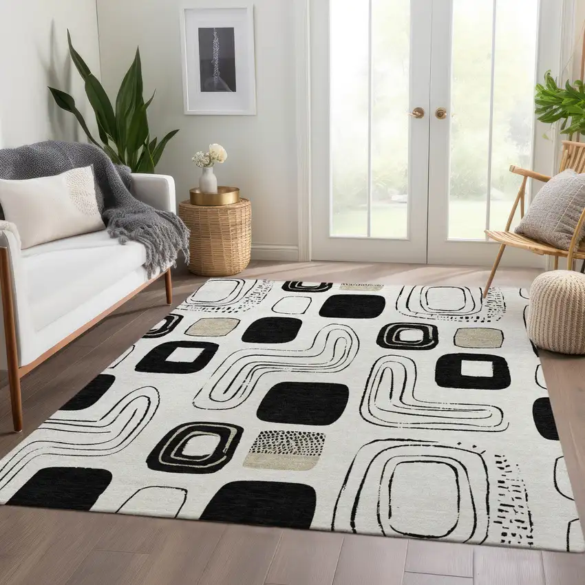 Ivory Black And Beige Geometric Washable Indoor Outdoor Area Rug Photo 9