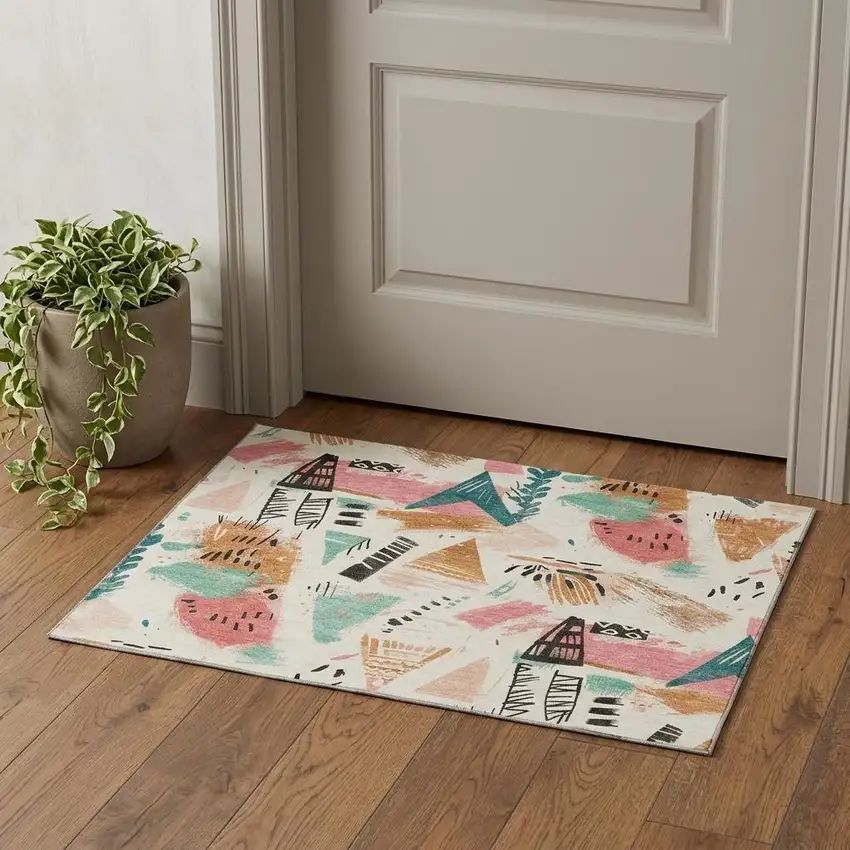 Ivory Black And Blush Geometric Washable Area Rug With UV Protection Photo 1