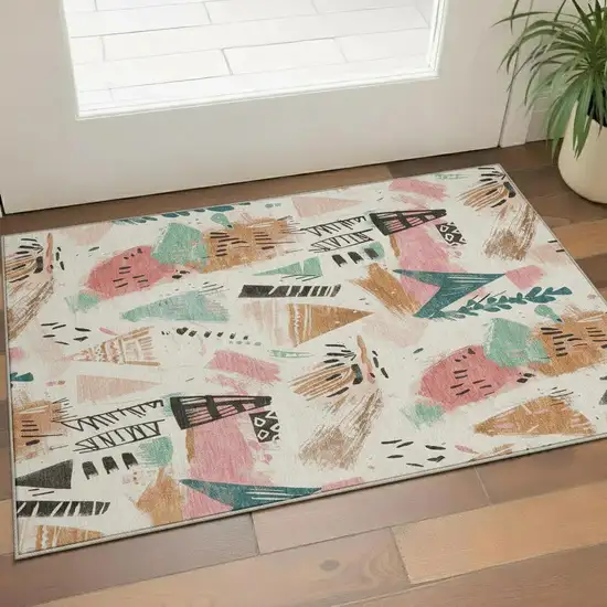 Ivory Black And Blush Geometric Washable Area Rug With UV Protection Photo 2