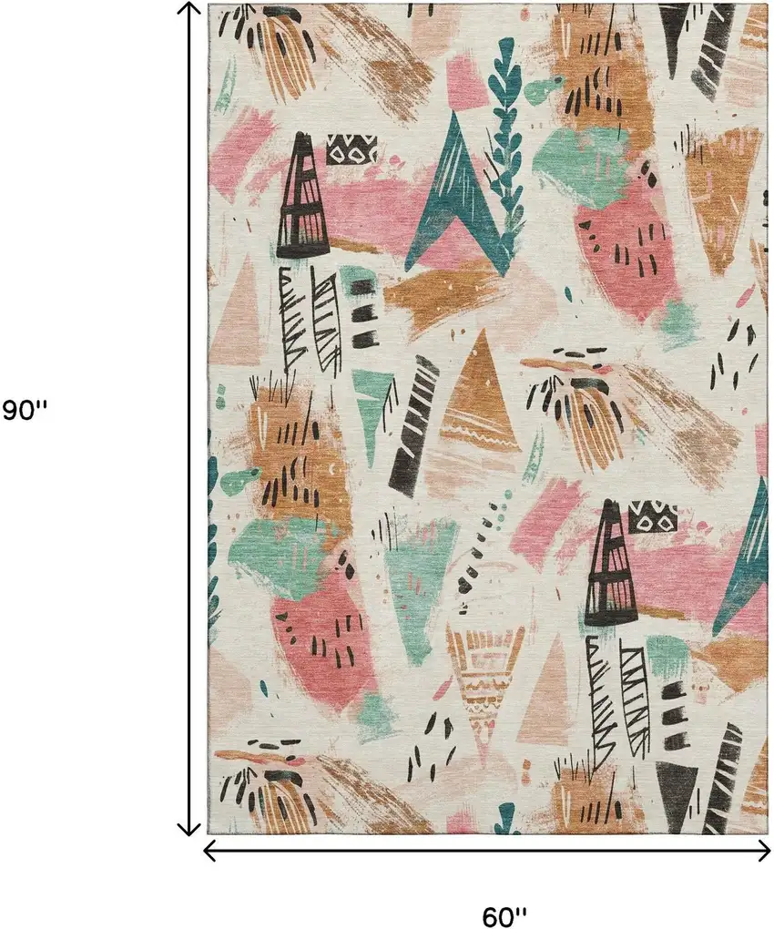 Ivory Black And Blush Geometric Washable Area Rug With UV Protection Photo 9