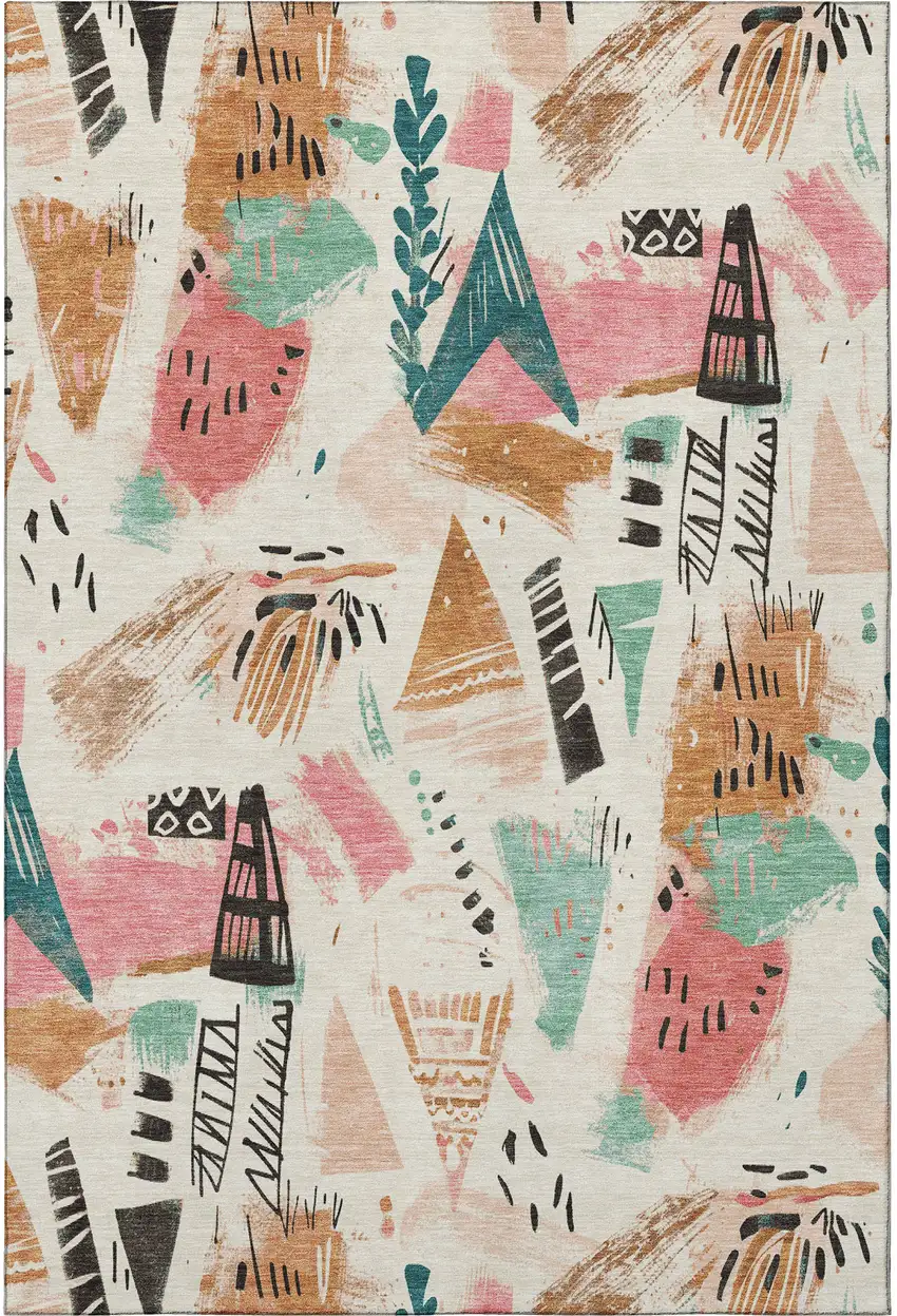 Ivory Black And Blush Geometric Washable Area Rug With UV Protection Photo 2