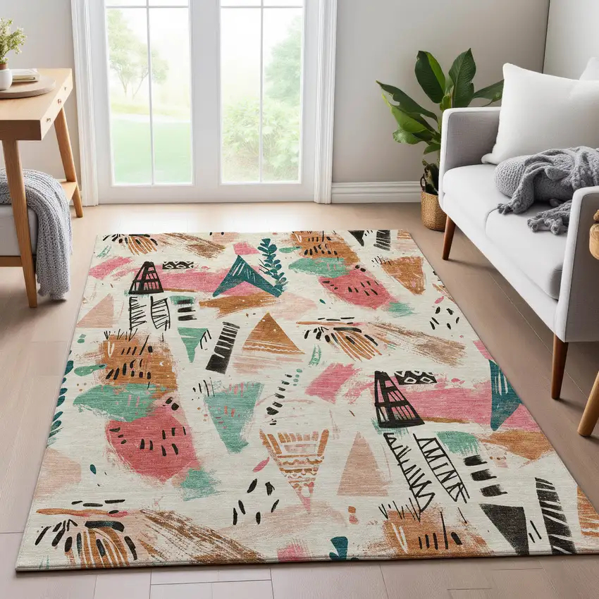 Ivory Black And Blush Geometric Washable Area Rug With UV Protection Photo 4