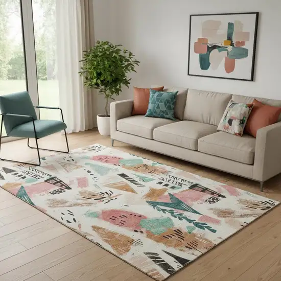 Ivory Black And Blush Geometric Washable Area Rug With UV Protection Photo 2