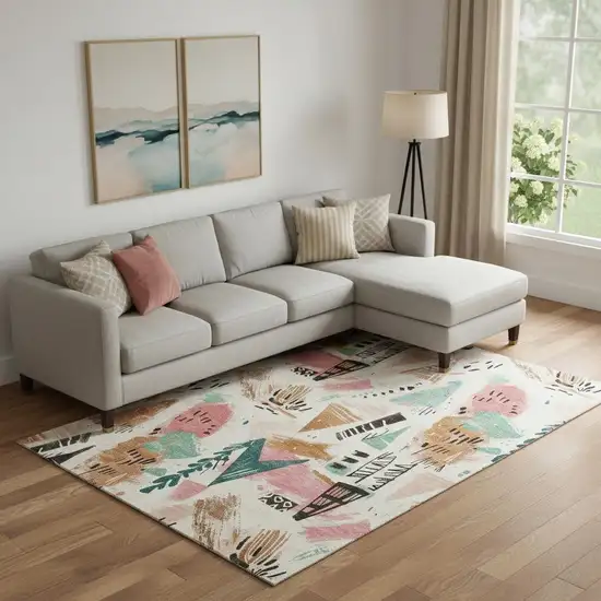 Ivory Black And Blush Geometric Washable Area Rug With UV Protection Photo 2