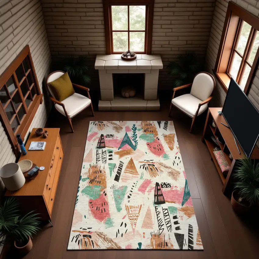 Ivory Black And Blush Geometric Washable Area Rug With UV Protection Photo 5