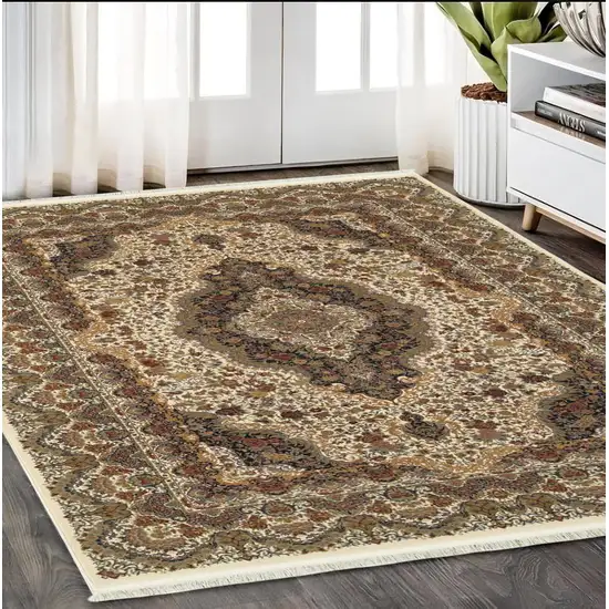 Ivory Black And Brown Medallion Area Rug With Fringe Photo 1