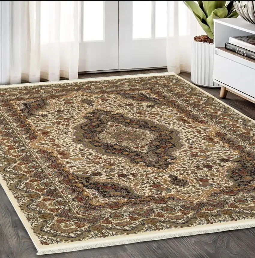 Ivory Black And Brown Medallion Area Rug With Fringe Photo 1