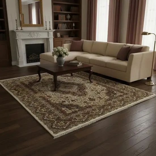 Ivory Black And Brown Medallion Area Rug With Fringe Photo 1
