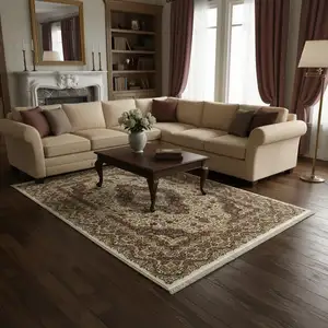 Photo of Ivory Black And Brown Medallion Area Rug With Fringe