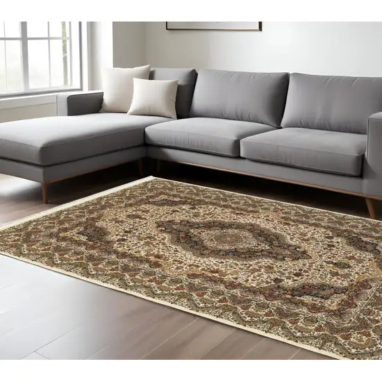 Ivory Black And Brown Medallion Area Rug With Fringe Photo 1