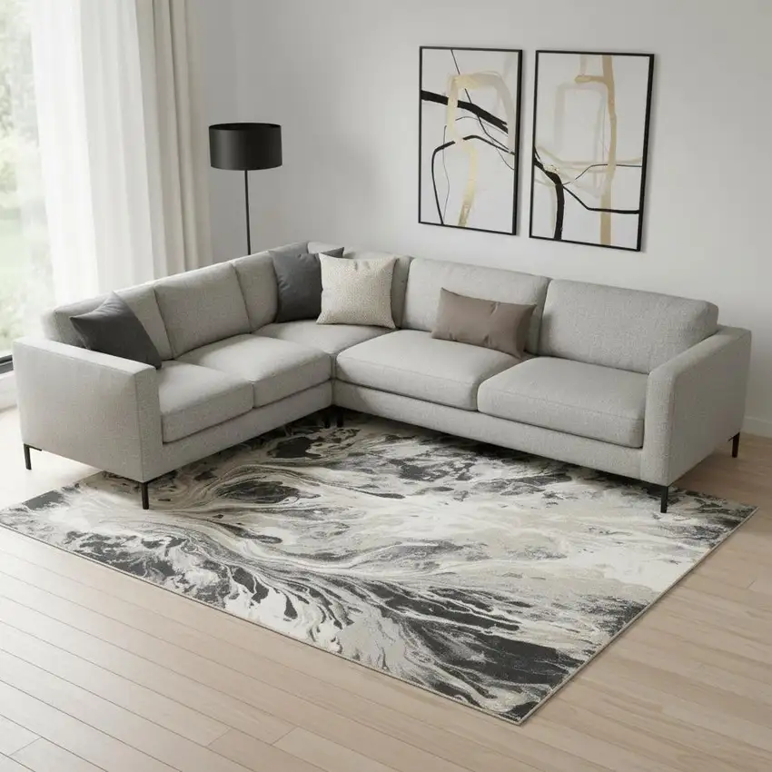Ivory Black And Gray Abstract Area Rug Photo 1