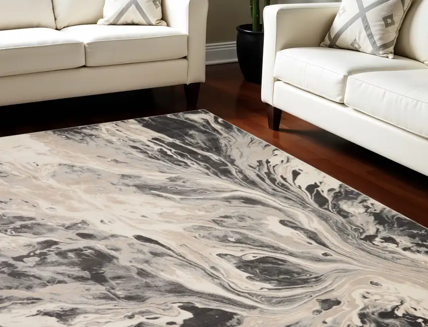 Ivory Black And Gray Abstract Area Rug Photo 1