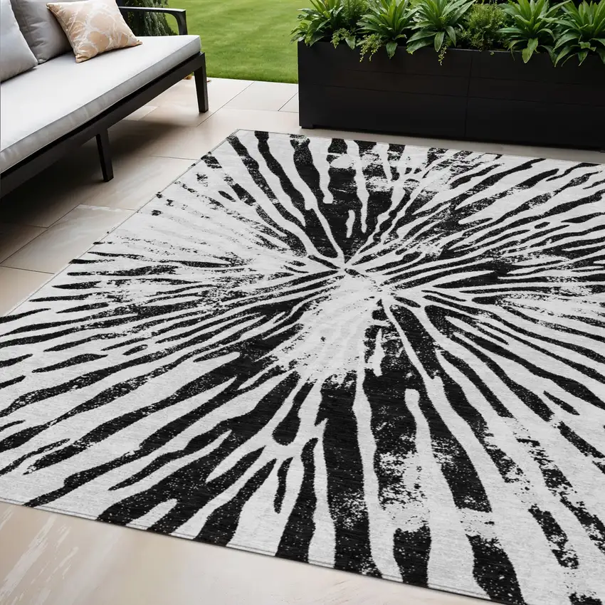 Ivory Black And Gray Abstract Washable Indoor Outdoor Area Rug Photo 1