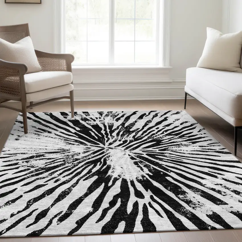 Ivory Black And Gray Abstract Washable Indoor Outdoor Area Rug Photo 8