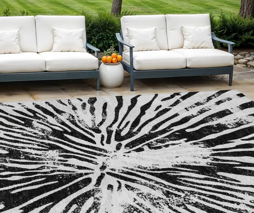 Ivory Black And Gray Abstract Washable Indoor Outdoor Area Rug Photo 1