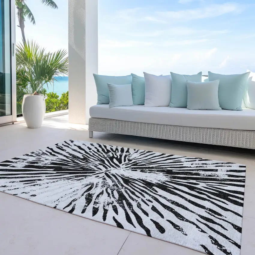 Ivory Black And Gray Abstract Washable Indoor Outdoor Area Rug Photo 8
