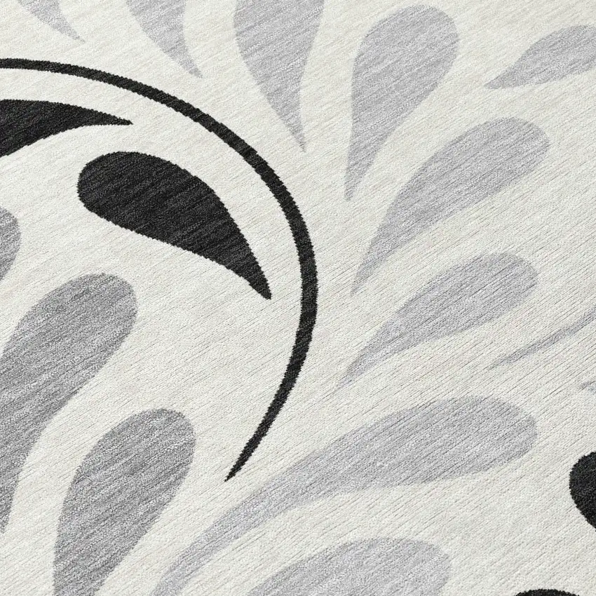 Ivory Black And Gray Botanical Leaves Washable Indoor Outdoor Area Rug Photo 1
