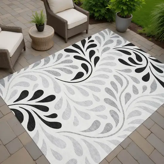 Ivory Black And Gray Botanical Leaves Washable Indoor Outdoor Area Rug Photo 7