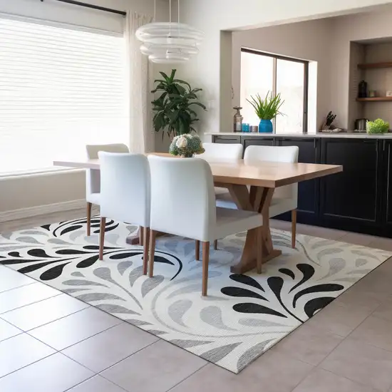 Ivory Black And Gray Botanical Leaves Washable Indoor Outdoor Area Rug Photo 6