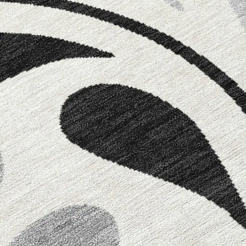 Ivory Black And Gray Botanical Leaves Washable Indoor Outdoor Area Rug Photo 2