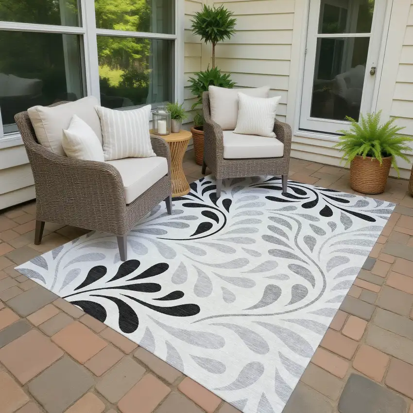 Ivory Black And Gray Botanical Leaves Washable Indoor Outdoor Area Rug Photo 4
