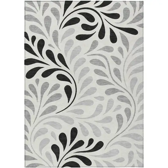 Ivory Black And Gray Botanical Leaves Washable Indoor Outdoor Area Rug Photo 9
