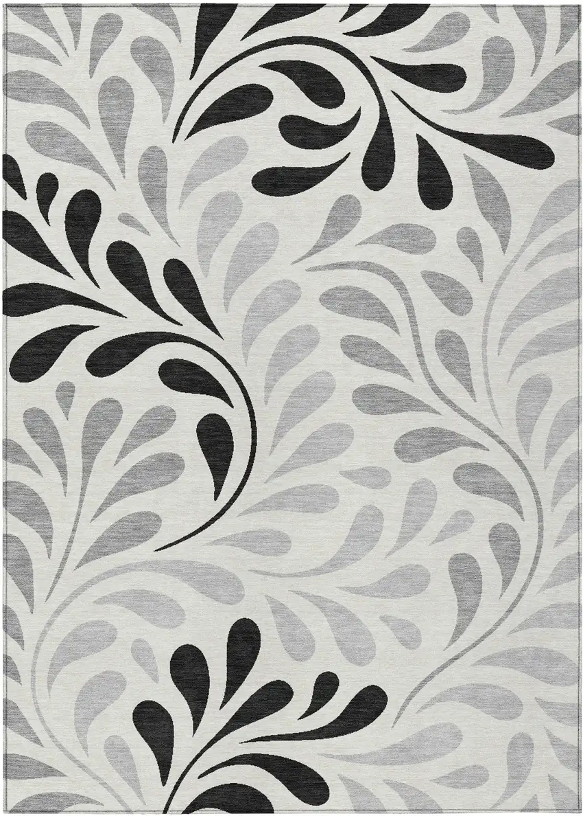 Ivory Black And Gray Botanical Leaves Washable Indoor Outdoor Area Rug Photo 9