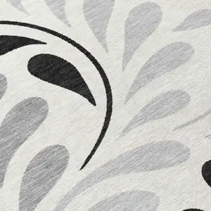 Photo of Ivory Black And Gray Botanical Leaves Washable Indoor Outdoor Area Rug