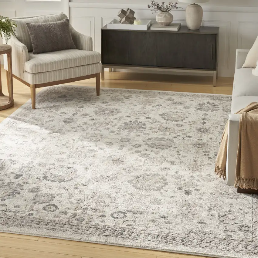 Ivory Black And Gray Floral Distressed Non Skid Area Rug Photo 5